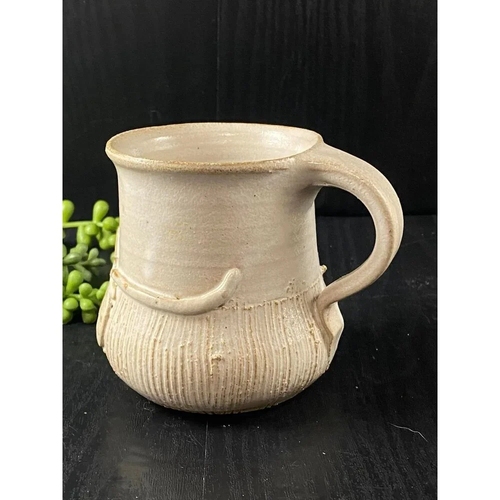 Studio Pottery Clay Mug JT Applied Leaf and Vine Design Cream Ribbed - Picture 3 of 9